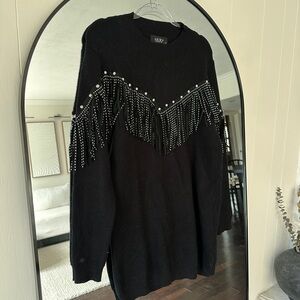 AKIRA Black Sweater with Fringe and Stud Accents